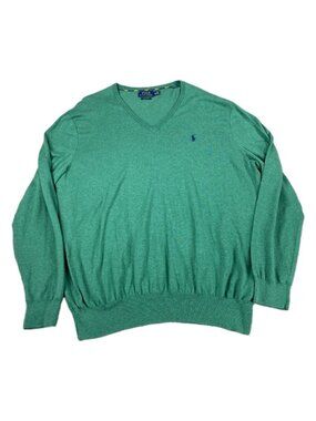 Polo Ralph Lauren Sweater Mens XL Green Cotton Ribbed School Walking V Neck